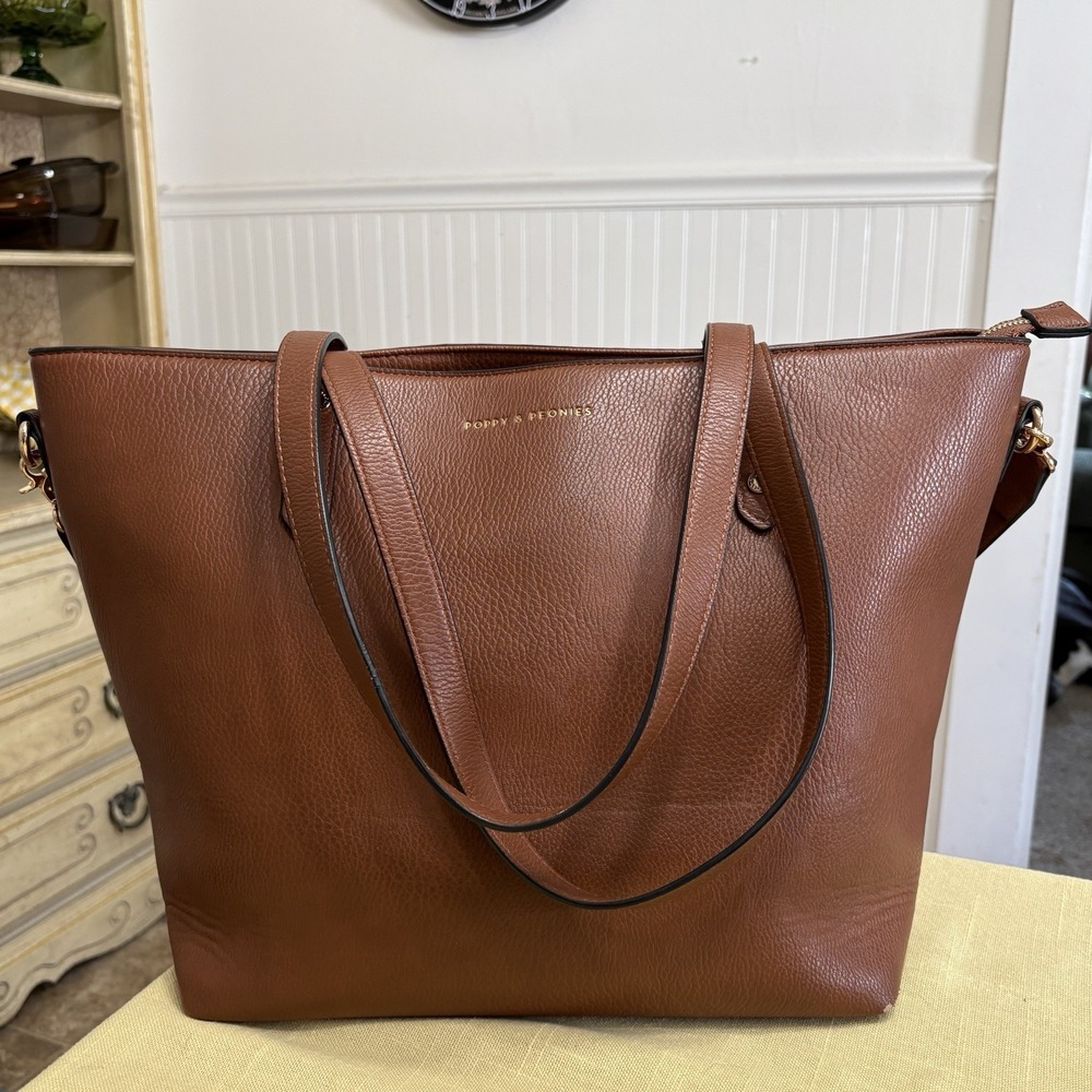 Poppy & Peonies Go Getter Tote in Cognac Work School Bag Vegan Leather Brown Tan